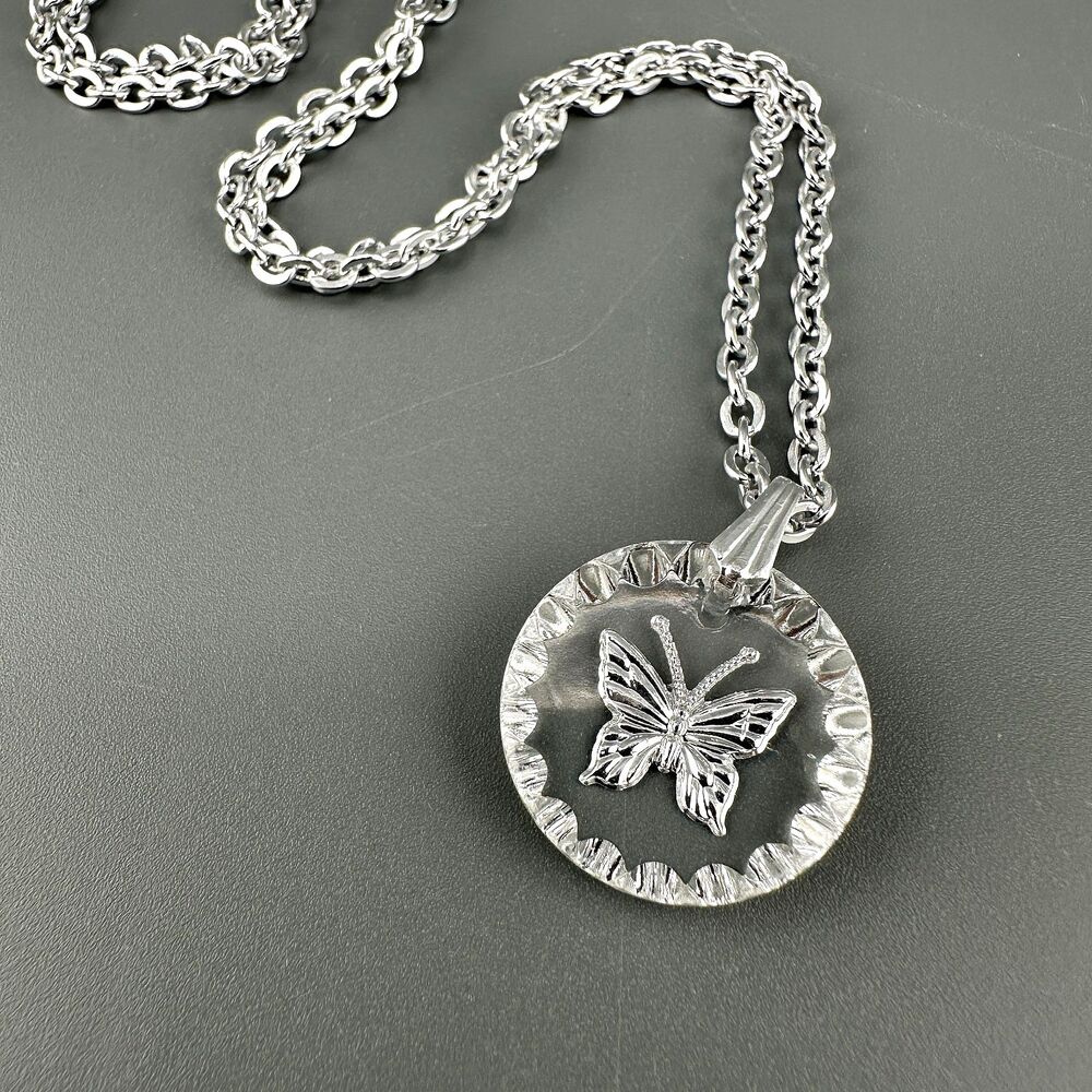 Vintage Intaglio Butterfly Pendant Necklace Silver Tone Clear Crystal Germany